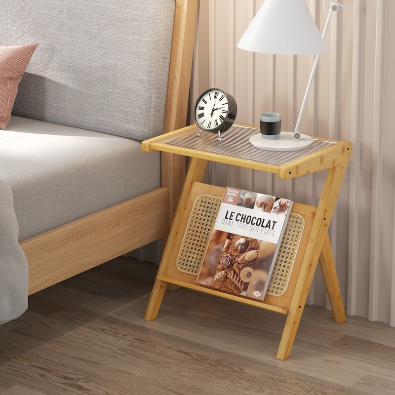 Decorative End Table with Rattan Accents and Storage Rack - 19.5" x 14" x 22" (L x W x H)