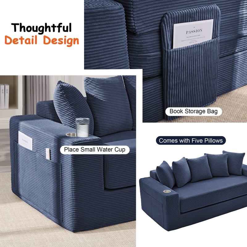 Convertible Sofa Bed, 76" Boneless Loveseat Couch 2 in 1 Foldable Floor Sofa Couch with 2 Cup Holders, Folding Sleeper Chair