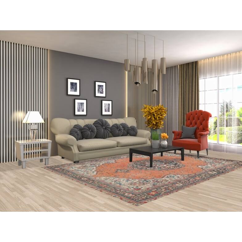 Hand Knotted Oriental 100% Wool Carpet Traditional Floral Oranges & Rust Tabriz Area Rug - 9' 3'' X 6' 8''