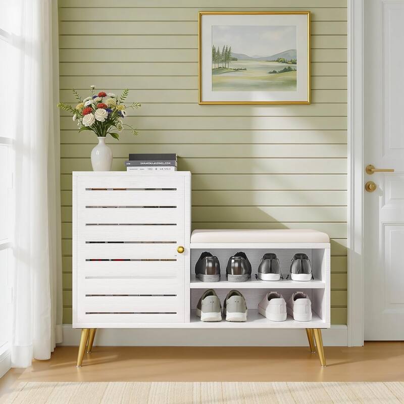 VECELO L-Shaped Entryway Bench with Cushion Shoe Storage Bench with Louvered Door & Open Shelves Hallway Seat Organizer