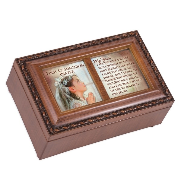 6" Brown and White Traditional First Communion Girl Prayer Musical Box - N/A