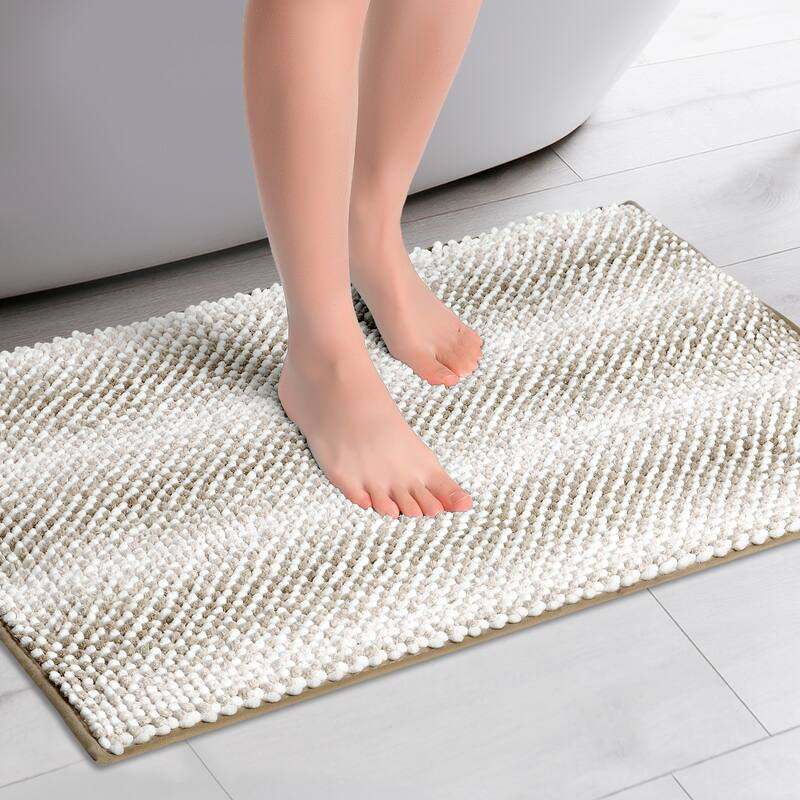 Chenille Bathroom Rug, Soft and Absorbent Bath Mat Non-Slip Striped Rug Luxury Plush Shaggy Bath Mat - Khaki - 20" x 32"