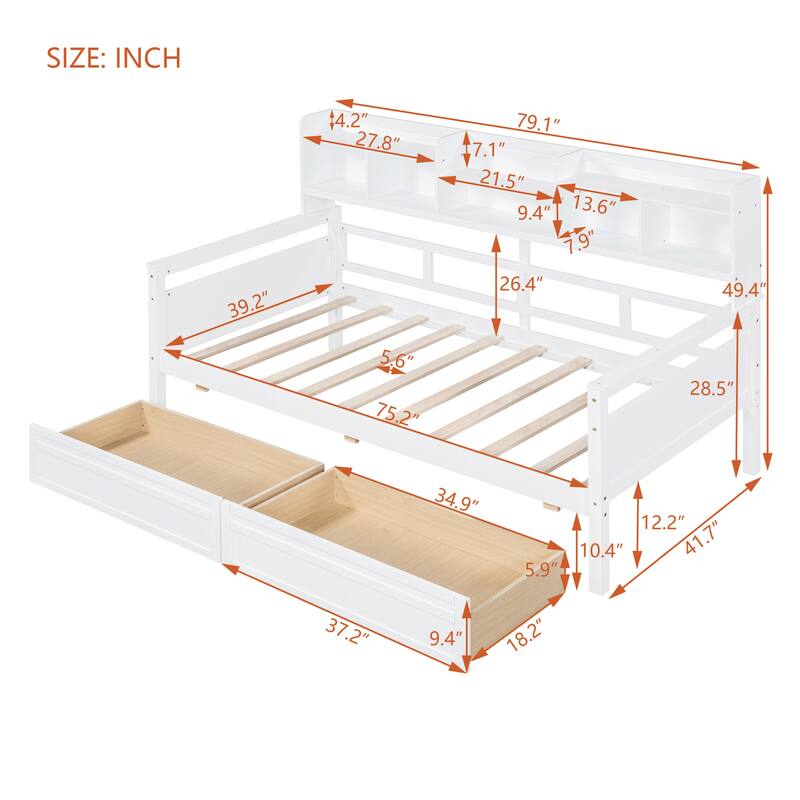 Twin size Daybed, Wood Slat Support with Bedside Shelves and Two Drawers