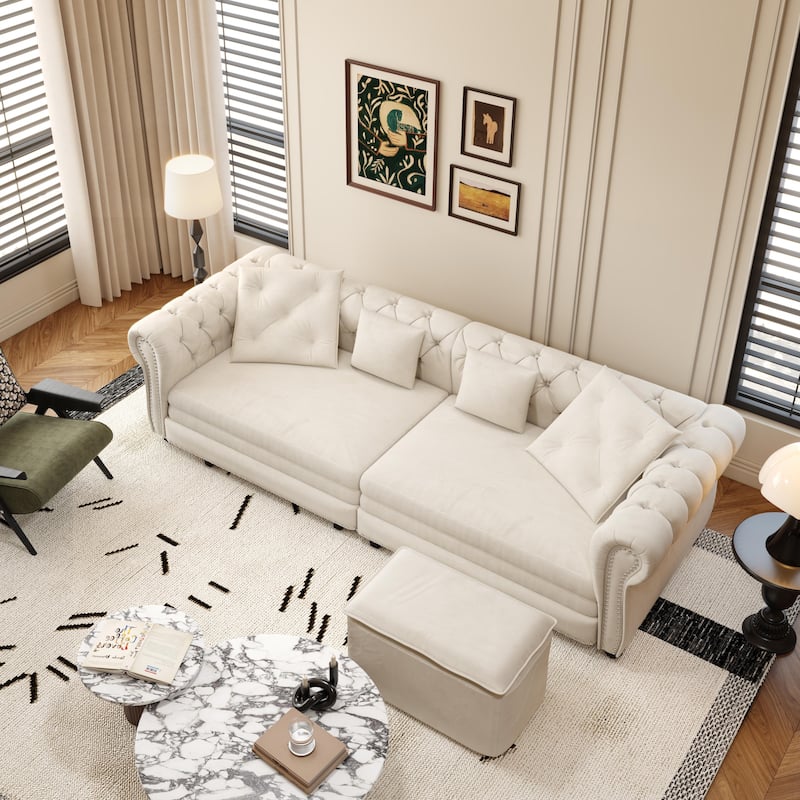 Oversized Chesterfield Loveseat Sofa, Convertible Pull Out Sleeper Sofabed Velvet Couch Bed w/Movable Ottoman and Nailhead Trim