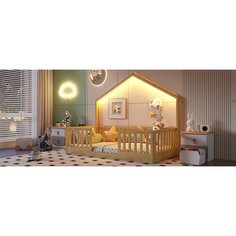 Roomfitters Twin/Full Floor Platform Bed, House Frame and LED Light with Wooden High Rails for Bedrooms or Guest Rooms