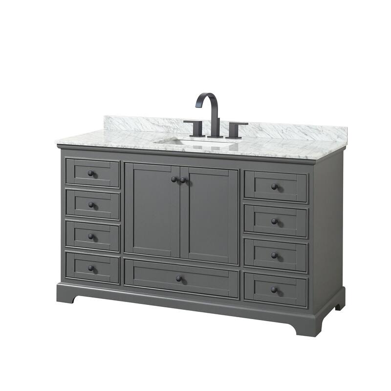 Wyndham Collection Deborah 60" Free Standing Single Vanity Set with - Dark Gray / White Carrara Marble Top / Matte Black - Steel Finish
