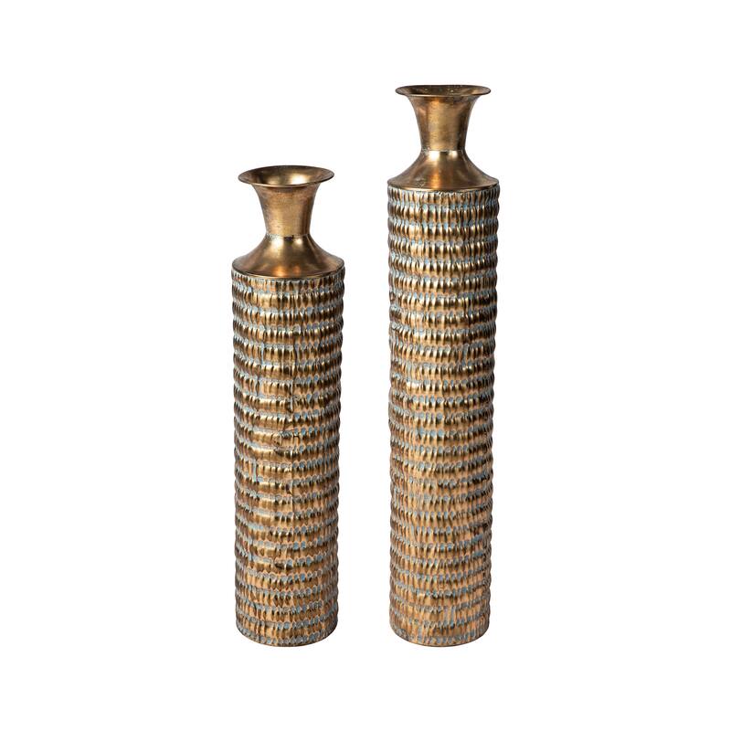Glitzhome Set of 2 Metal Antique Gold Gingko or Verdigris Finish Floor Vases