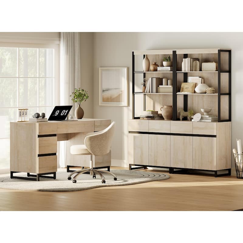 WAMPAT 59in Modern Executive Desk with Charging Station & Drawers and 2 PCS 72in Tall Bookcases with Storage Cabinet. - Beige