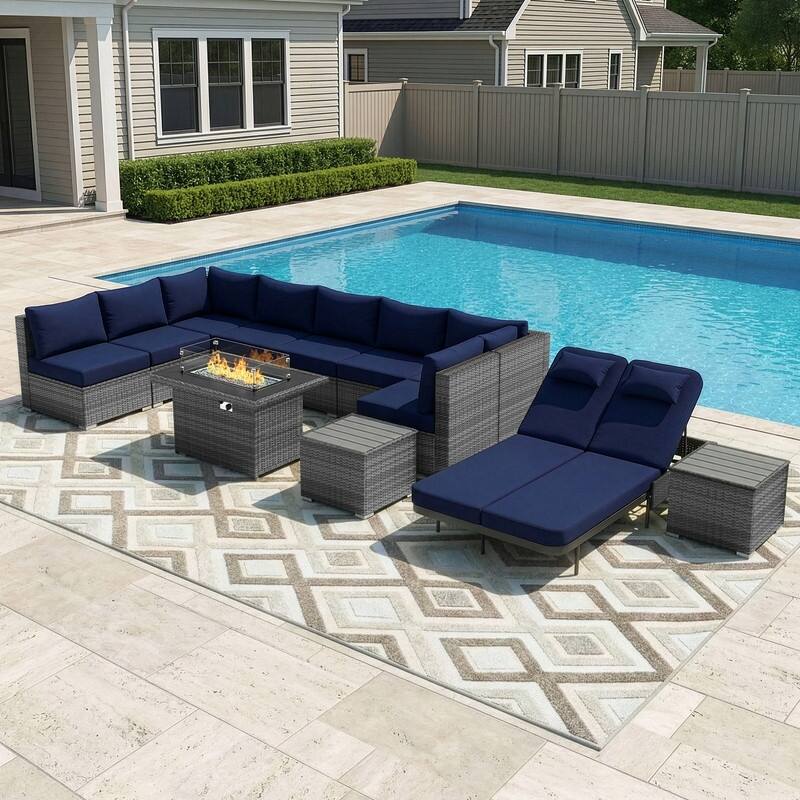 Outdoor Sectional Conversation Set PE Wicker with Double Chaise Lounge, 60,000 BTU Fire Pit Table - 12-Piece/Table-A - Navy
