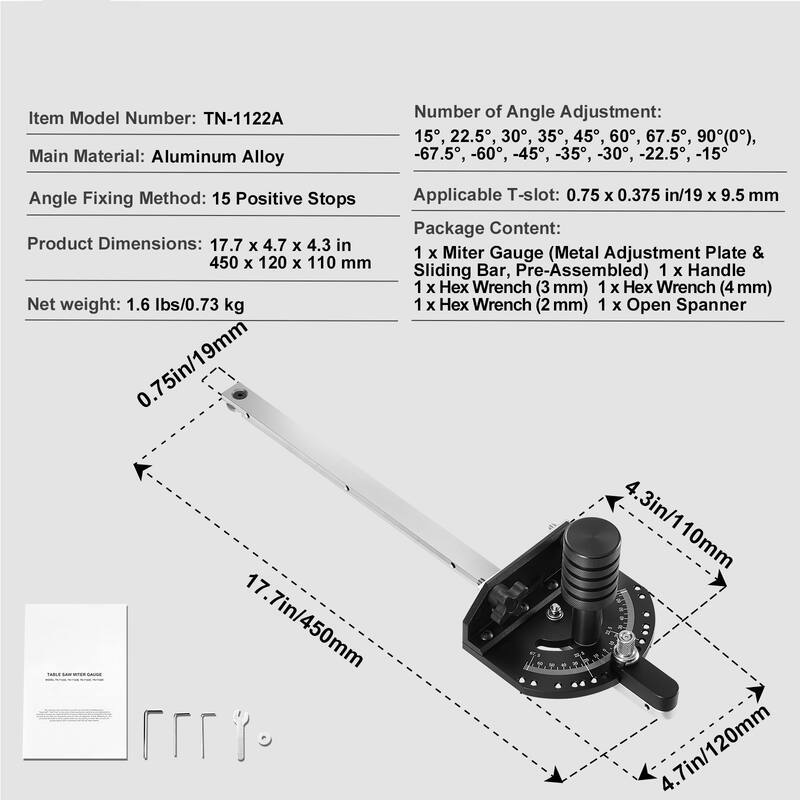 Precision Miter Gauge, Standard Slot 3/4'' x 3/8'', with 15 Angle Stops Adjustable Spring Loaded Plunger and Removable Disc