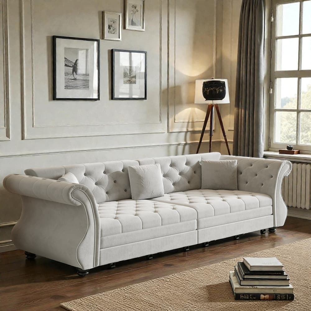 97.6 Inch Chesterfield Pull Out Sofa Bed, Velvet Roll Arm Couch with Flower Tufting, Convertible Sleeper