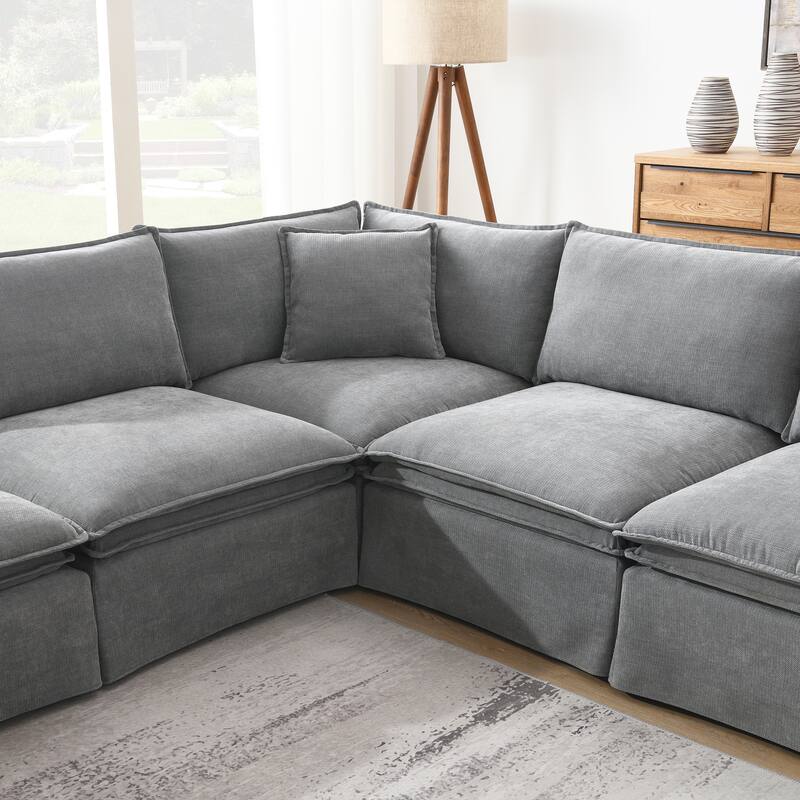 125.5" Chenille Modular 6-Seat Sectional Sofa with Movable Ottoman, Cloud Foam Cushions, and Free Combination Design