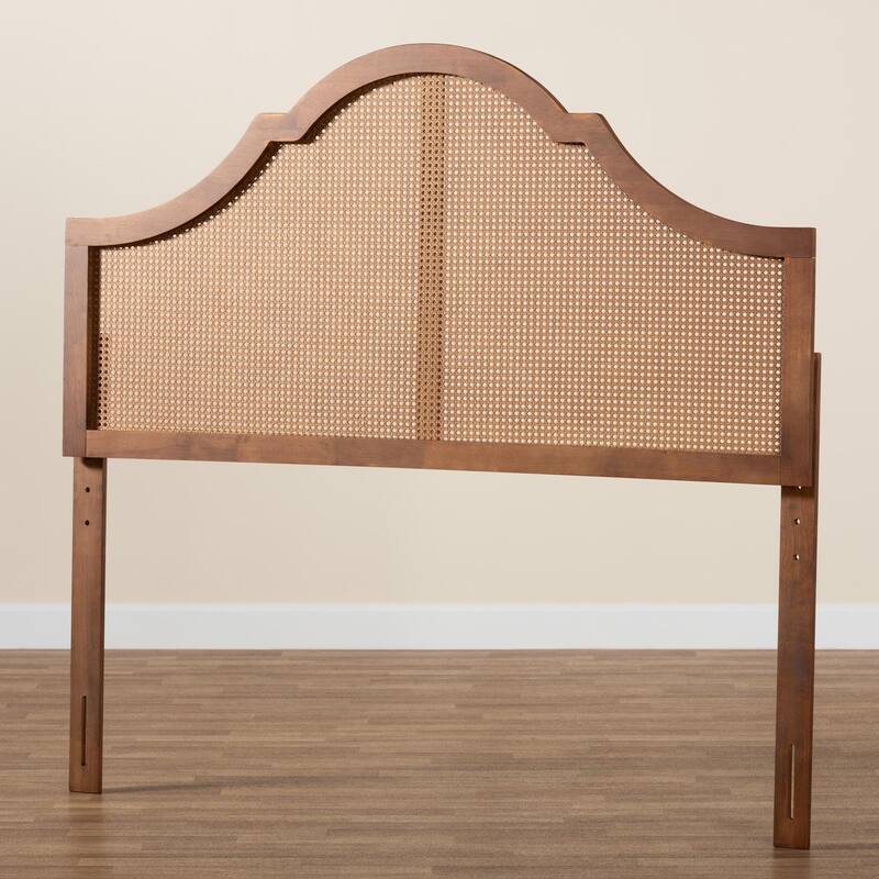 Queen Ash Walnut Finished Wood Headboard with Rattan Accent, Traditional Curved Design and Boho Charm