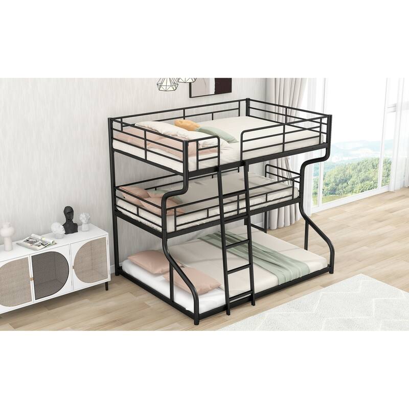 Triple Bunk Bed with Full XL, Twin XL, and Queen, Metal Frame, Safety Guardrails, Industrial Style for Shared Rooms