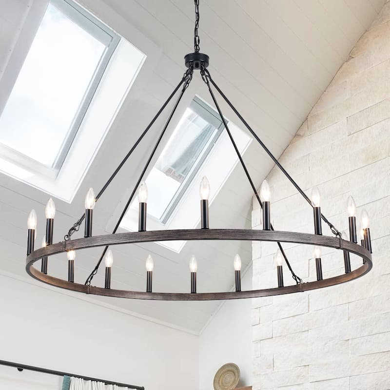 20-Light Modern Farmhouse Chandelier, 47.24 Inch Wagon Wheel Chandelier for Living Room Kitchen Island Dining Foyer - Black and Wood Grain