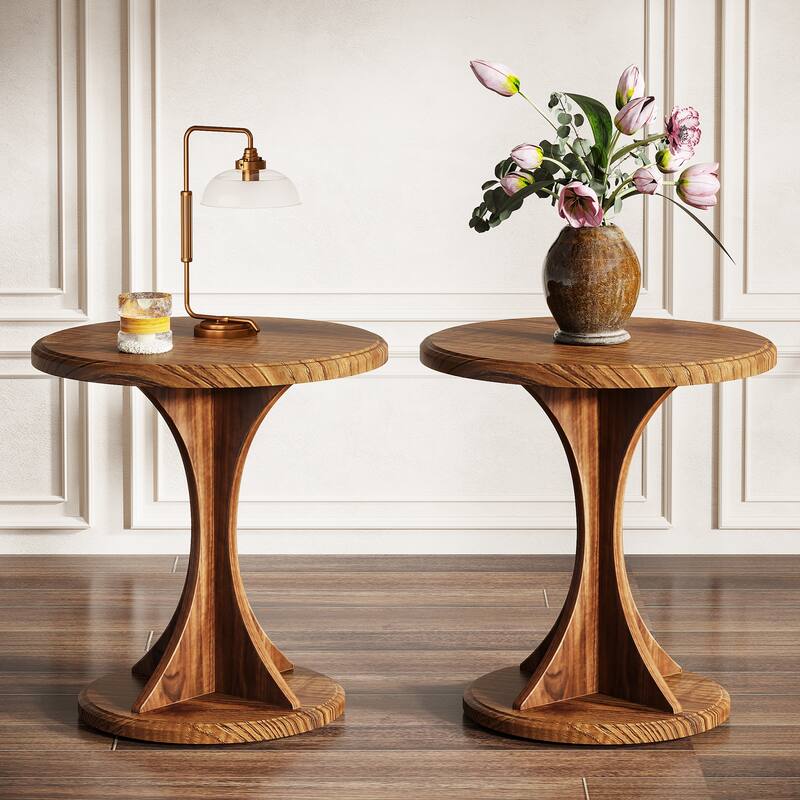 Round End Side Table for Living Room, Wood Small Sofa Chair Side Table, Easy Assembly - 2 pcs