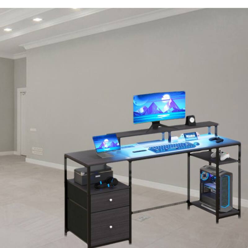 Modern 61" Computer Desk with LED Lights, Power Outlets, USB Ports, Storage Shelves & Fabric Drawers for Home Office