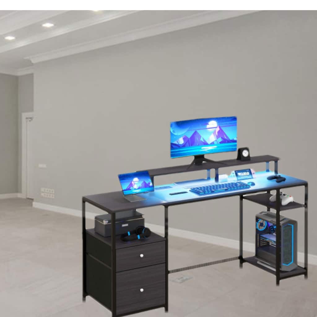 Modern 61" Computer Desk with LED Lights, Power Outlets, USB Ports, Storage Shelves & Fabric Drawers for Home Office