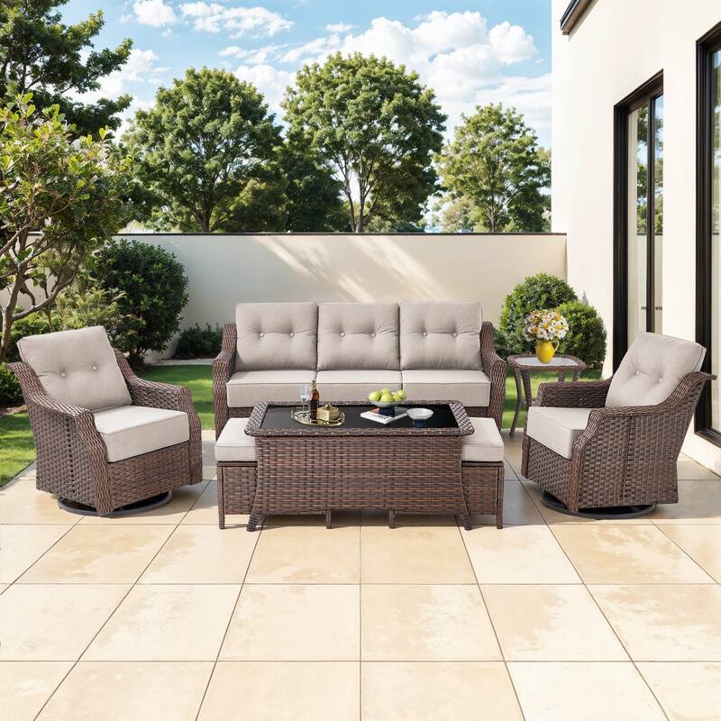 Gymojoy Wicker Patio Furniture Sofa Set, 6-Inch Ultra Thick Cushioned 360°Swivel Glider Chairs & Sofa Set