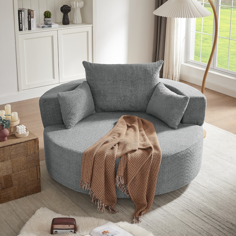 360° Swivel Accent Chair, Oversized Chenille Upholstered Round Barrel Chair, Lounge Reading Chair with 3 Removable Pillows