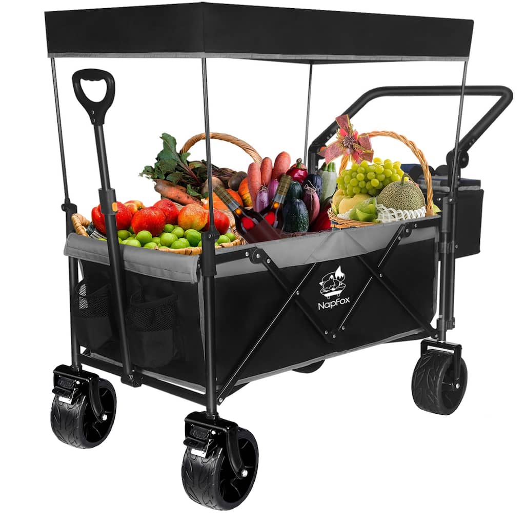 140L All-Terrain Collapsible Wagon with Removable Canopy & Cooler Bag - Folding Utility Cart with Brake
