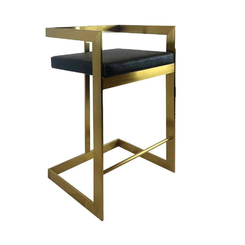 26" Black And Gold Faux Leather And Stainless Steel Low Back Counter Height Bar Chair