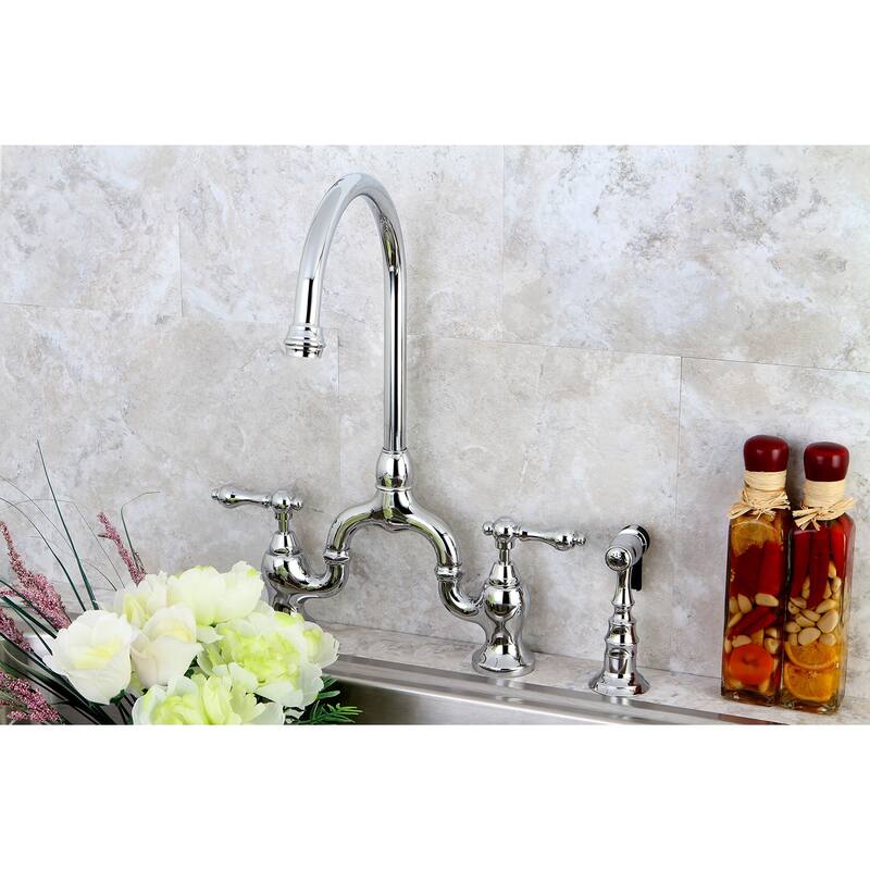English Country Kitchen Bridge Faucet with Brass Sprayer