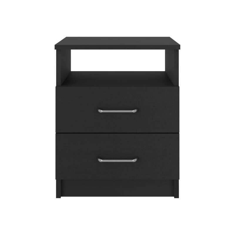 Modern Nightstand with Two Drawers and Shelf, Black
