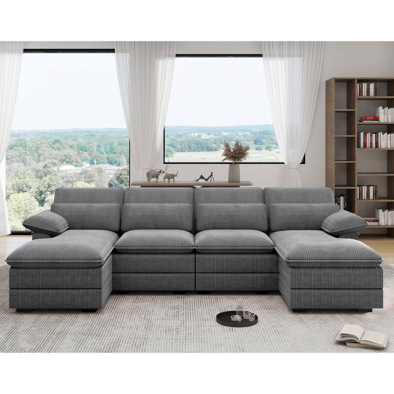 111.8" U-Shaped Cloud Sectional, 4-Seater Corduroy Upholstered Sectional with Recliner and Cushions - Grey