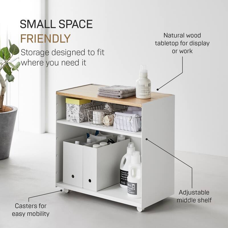 Yamazaki Home Mobile Hideaway Storage Cart, Steel and Wood, Wheels - L 13.9 x W 23.74 x H 23.23 inches