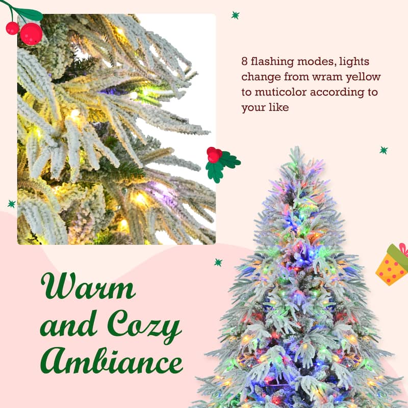 Snow Flocked Artificial Christmas Tree, 7.5ft with Multi-Color LED Lights and 1389 Branch Tips for Holiday Office Home Decor
