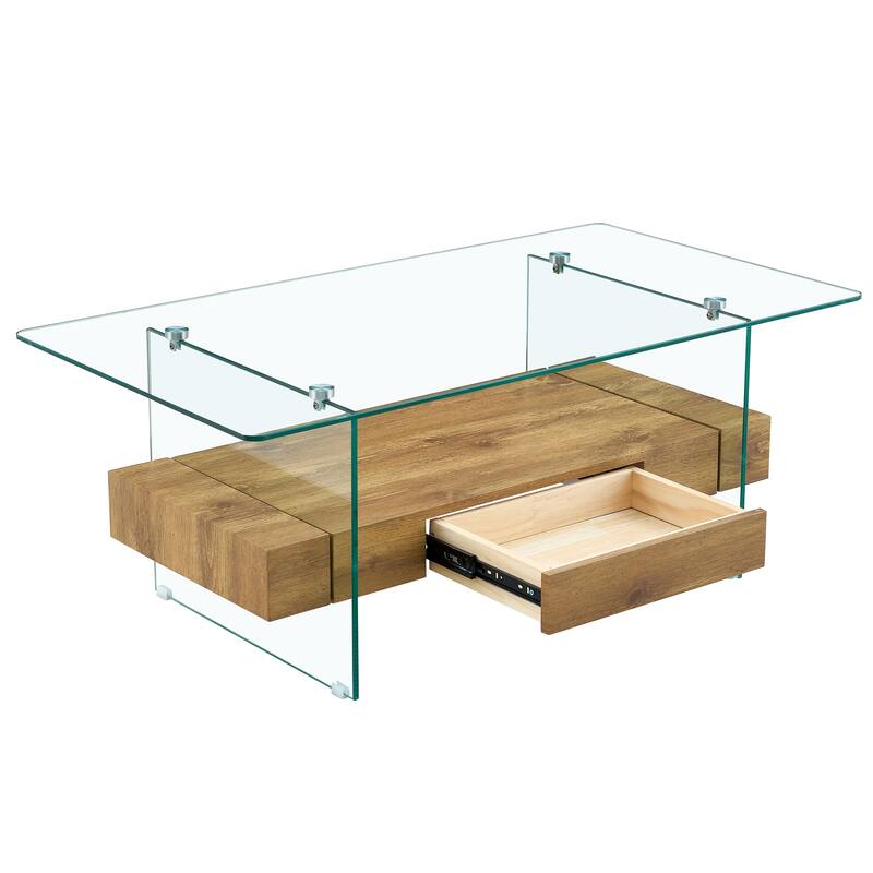 43.3 Inch Modern Two-Tier Coffee Table, Multifunctional Storage Design. The bottom tier includes a drawer