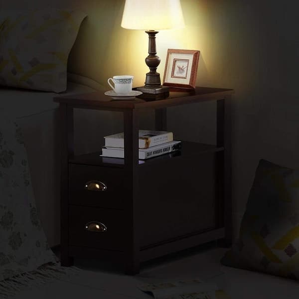 Chairside End Table With 2 Drawer And Shelf Narrow Nightstand For Living Room Reddish Brown Overstock 25429793