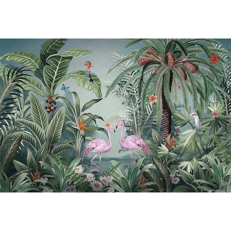 Vibrant Tropical Paradise Wallpaper Mural Flamingos Wildlife - Blue - W:175" x H:118"