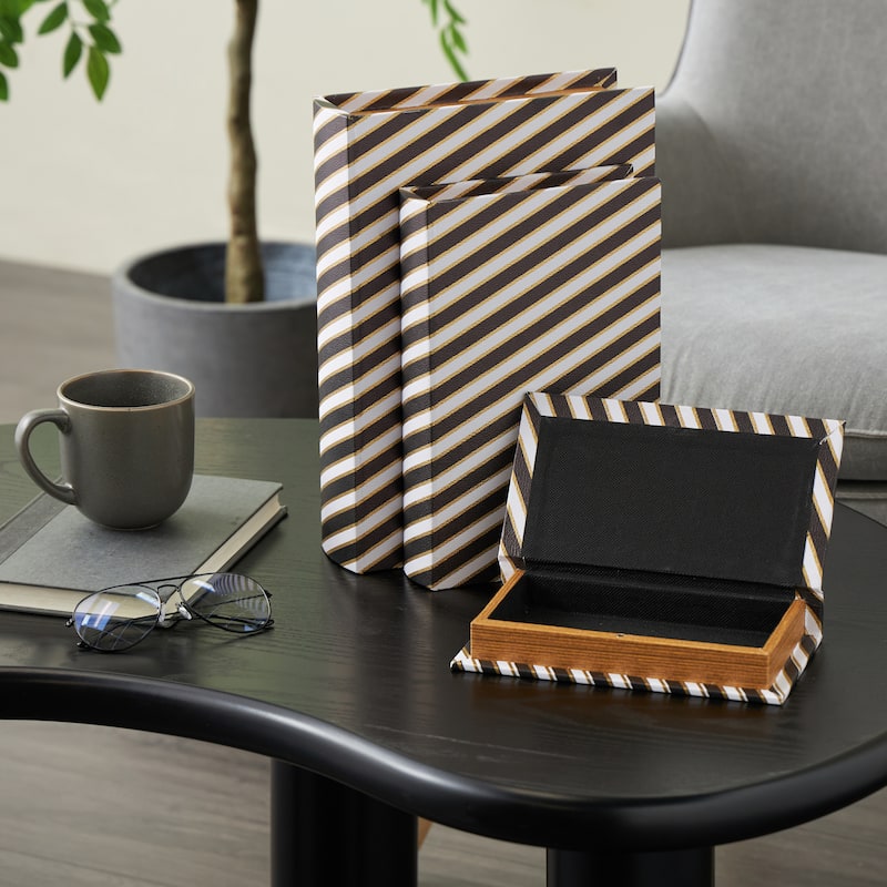 Faux Leather Striped Faux Book Storage Box with White and Metallic Gold Accents - Set of 3 Black - Roche River Decor