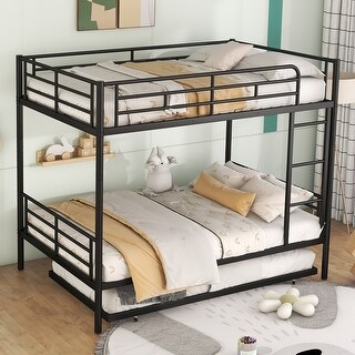 Metal Bunk Bed with Trundle Ladder High Guardrail Heavy-Duty Steel Loft Bed Frame with Safety Rail Able to Split