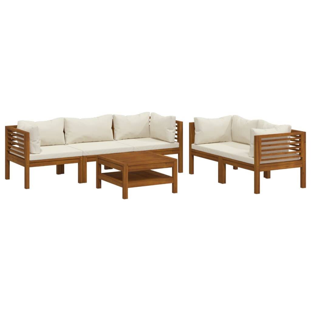 6pc Outdoor Modular Sofa Set, Cream Cushions, Brown Solid Acacia Wood