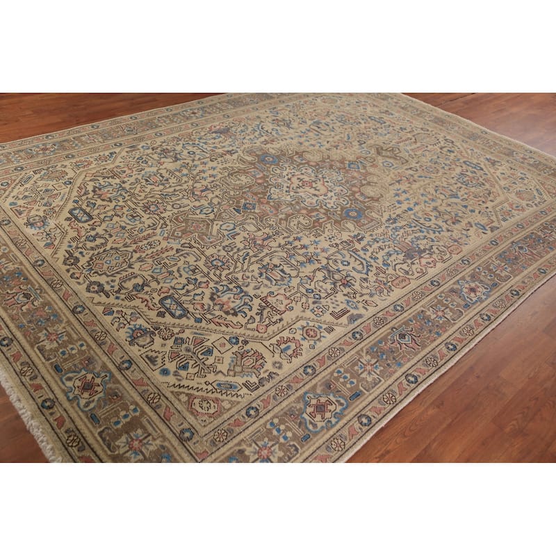 Tabriz Persian Rug Hand-Knotted Oriental Beige Wool Carpet - 7'10"x 10'10"