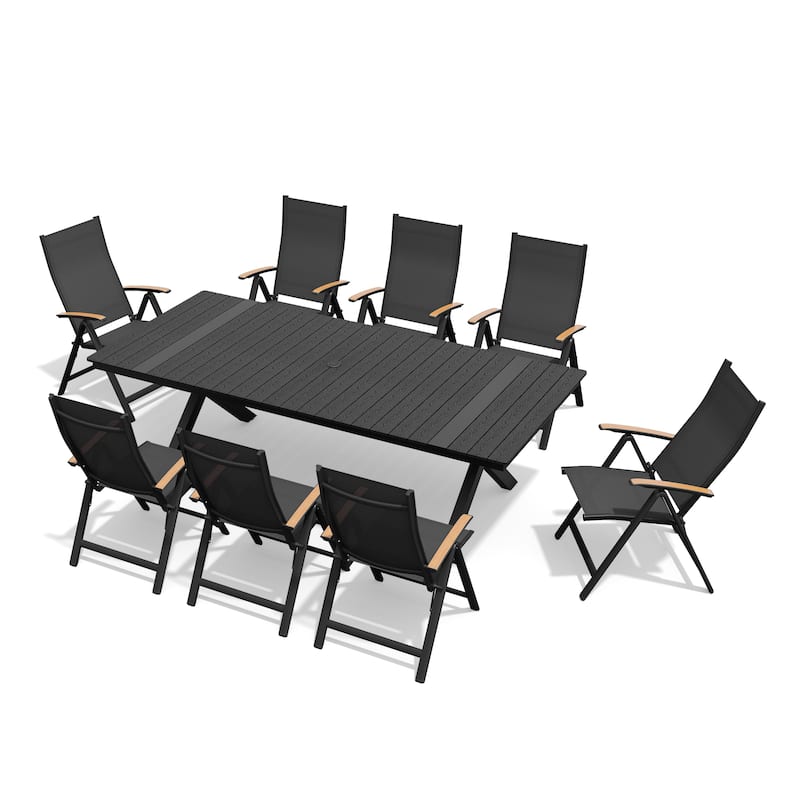 9-Piece Set Outdoor Aluminum Dining Table with Umbrella Hole and Foldable Dining Chairs - Black