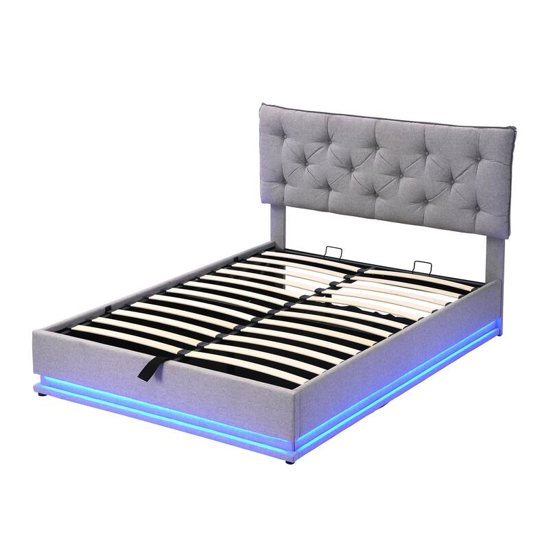 Full Linen Upholstered Bed with Hydraulic Storage System & LED Light