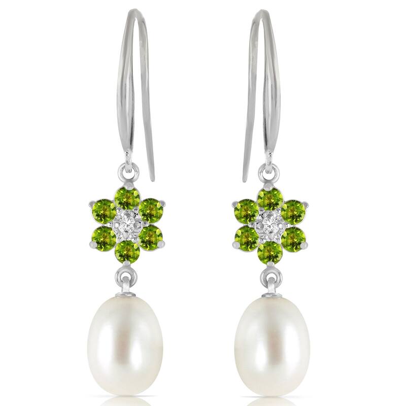 14K Solid Gold Fish Hook Earrings w/ Diamonds, Peridots & Pearls