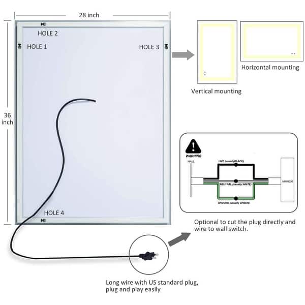 LED Bathroom Mirror,Anti Fog,36 x 28 inch,Dimmable,Slim,Waterproof IP44,Both Vertical and Horizontal Wall Mounted Way - On Sale - Overstock - 31433074 | Bathroom Mirror Wiring Diagram | | Overstock.com