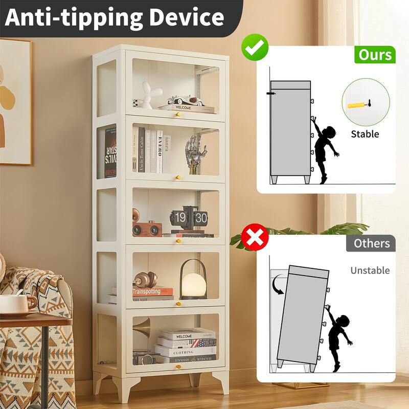 4/5-Tier Curio Display Cabinet with Glass Flip Doors & LED Light Strip