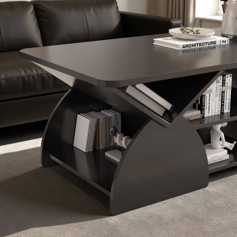 47.2'' Modern Engineered Wood Coffee Table with Open Storage Shelves, Rounded Corners & Sturdy Frame for Living Room