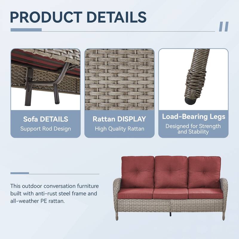 Gymojoy 3-Seat Outdoor Wicker Sofa with Professional Outdoor Cushions