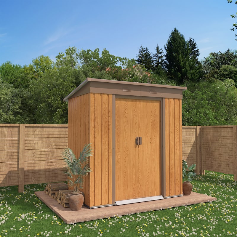 Clihome 6 x 3 FT Storage Shed Metal Imitation Wood Grain Tool Shed with Floor