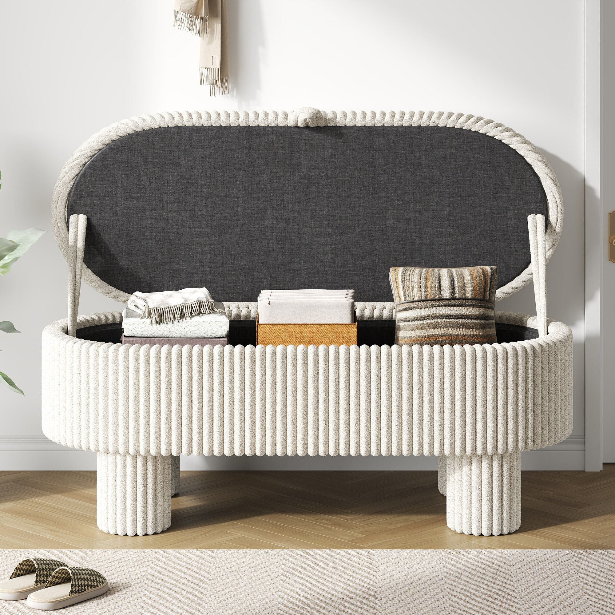 Roomfitters Modern Corduroy Storage Ottoman Bench with Lift Top Lid and Cylinder Legs