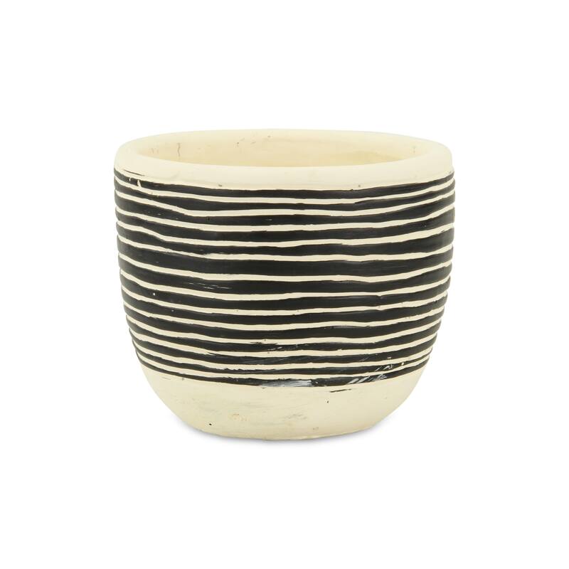 HomeRoots Black And White Ceramic 39 Ounce Striped Round Distressed Pot Planter - 5.75 in. x 4.75 in. x 5.75 in.