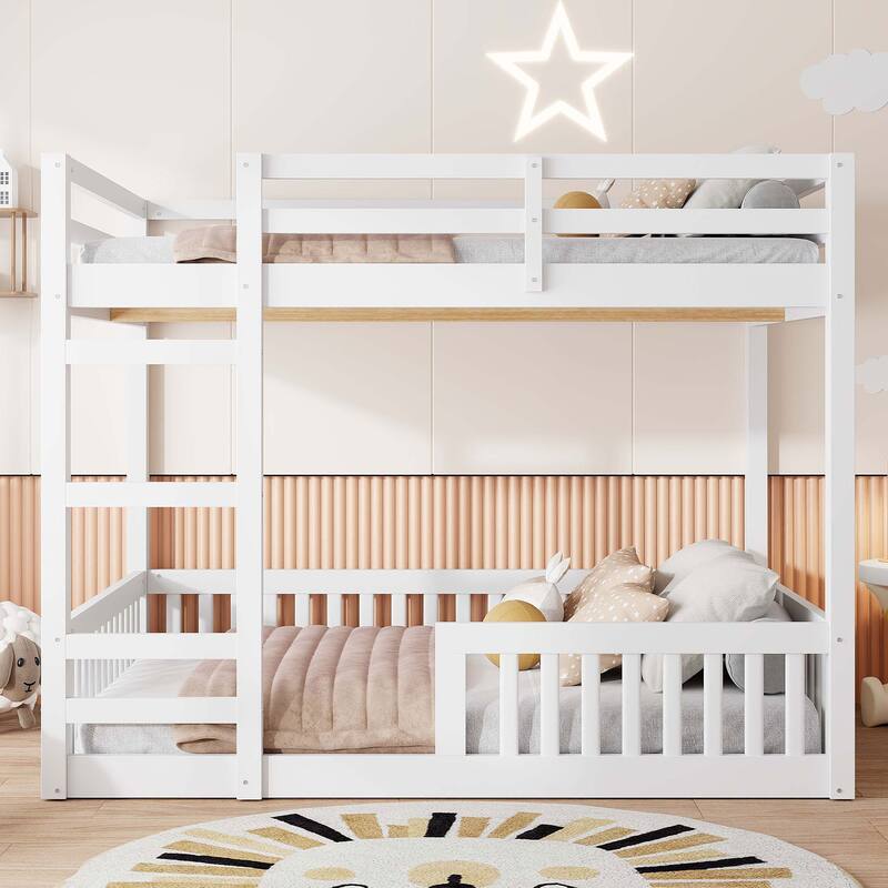 Stylish and Simple Full Size Wooden Bunk Bed, Solid Pine Full over Full Floor Bunk Bed Frame with Ladder and Guardrails - White - Full