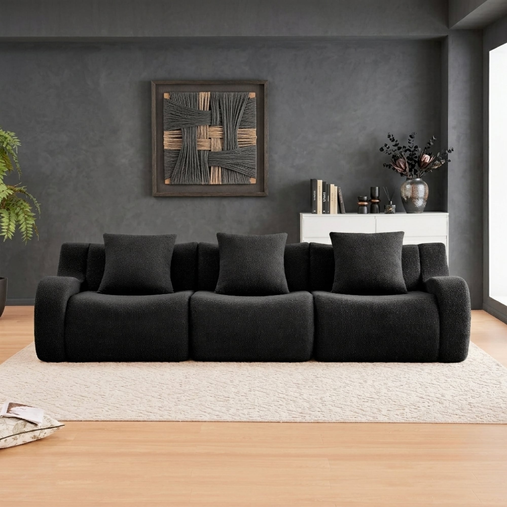 FurnitureR 115.3" 3-Seat Teddy Fabric Boneless Modular Sofa, No Assembly Deep Seat Couch with Curved Arms and Non-Slip Base